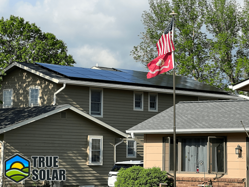 Picture showcasing a home solar installation in Iowa by True Solar, with a close-up view of the home solar panels on the rooftop, effectively converting Iowa's sunlight into eco-friendly, sustainable power.