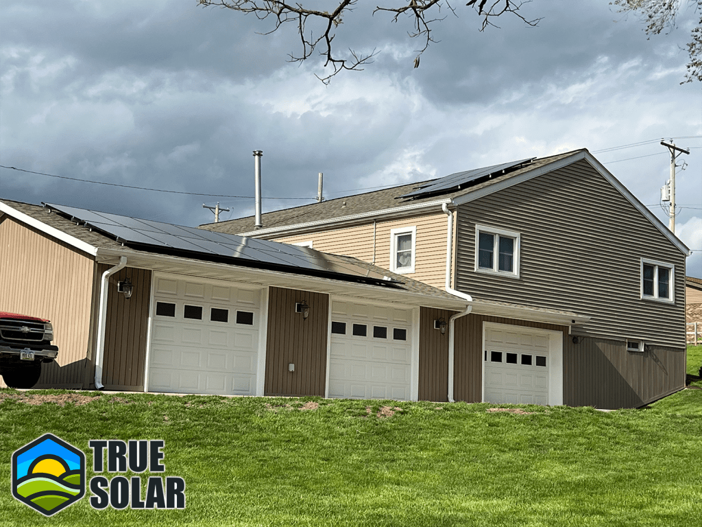 Snapshot of a home solar installation in Iowa by True Solar, emphasizing the precision of the home solar panel arrangement on the roof, effectively utilizing Iowa's sunshine to produce eco-friendly energy for the residence.