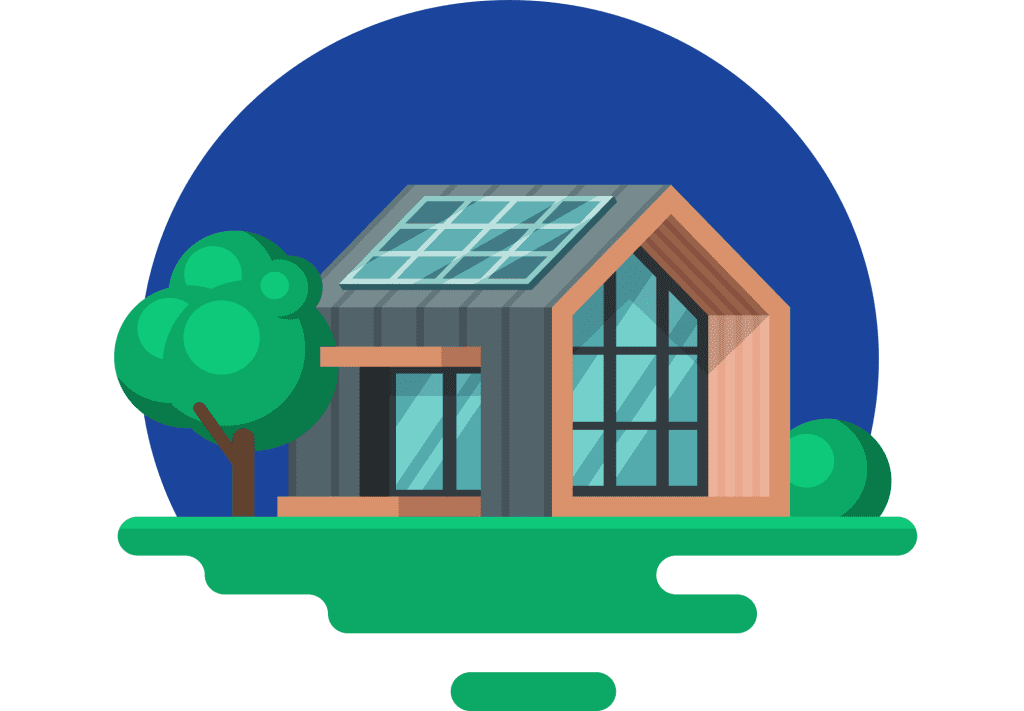 Cartoon illustration of an eco-friendly house equipped with solar panels on the roof, set against a sunny background, representing sustainable living in Iowa. Perfect for those looking to invest in solar panel installation in Iowa to reduce energy bills and carbon footprint. Enhance your home's efficiency with Iowa solar solutions.