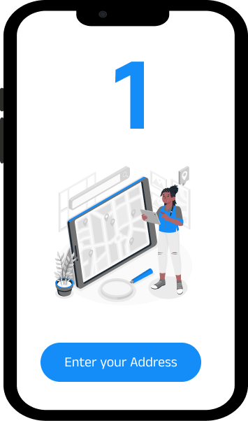 Image of a smartphone displaying Step 1 of a 3-part process for acquiring solar panels for your home in Iowa, emphasizing the critical first step: entering your address. The phone's screen clearly illustrates this initial action, inviting Iowa homeowners to easily begin their journey towards sustainable solar energy. This visual is designed to highlight the simplicity of starting the process for solar panel installation in Iowa, making it approachable and straightforward for users.