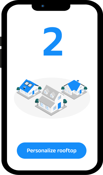 Image of a smartphone showing Step 2 of a 3-part process for installing solar panels on your home in Iowa, focusing on personalizing your rooftop solar solution. The display illustrates the customization phase, where users can tailor their solar panel setup to perfectly match their home's energy needs and roof space. This step emphasizes the tailored approach to adopting solar energy in Iowa, making it easy for homeowners to visualize and optimize their solar installation for maximum efficiency and savings.