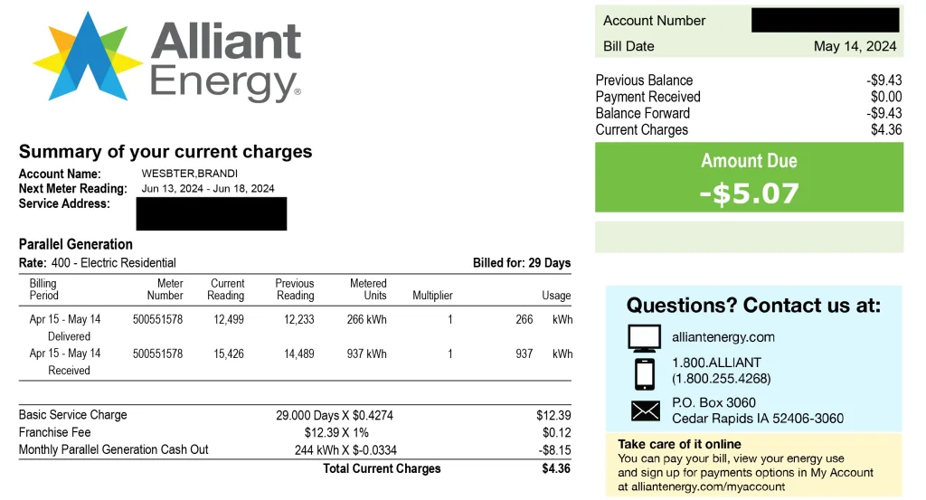 An Alliant Electric bill from a real customer that went solar with True Solar.